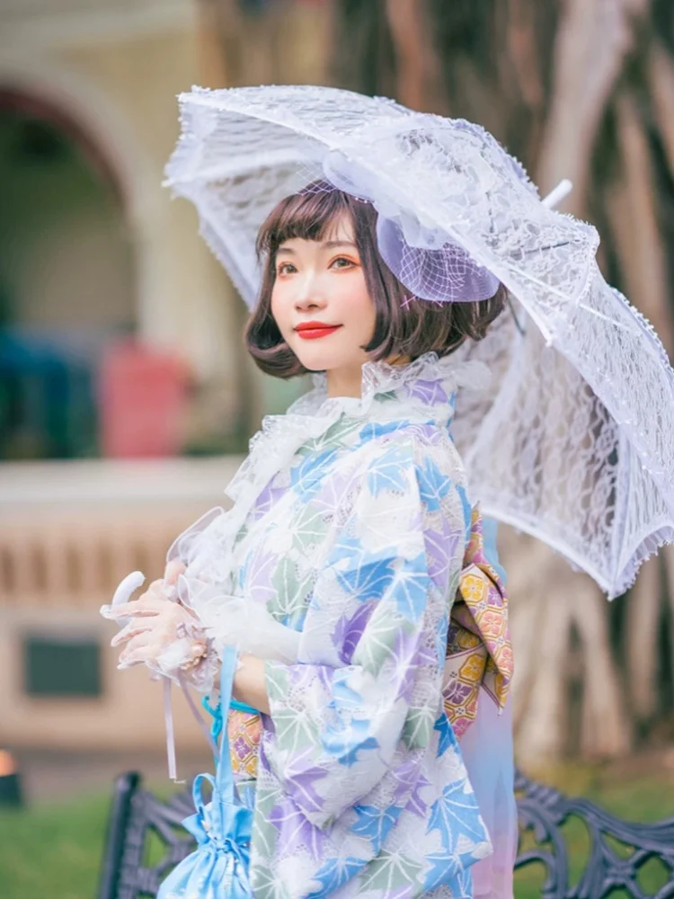 Double Layer Women's Japanese Traditional Kimono Lace Formal Yukata Travel Photography Long Dress Performance Dress