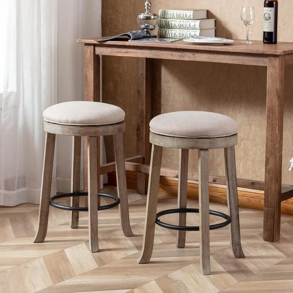 French Vintage Swivel Bar Stools Set of 4, 26” Counter Height Stools, Fabric Armless Barstool with Rubberwood Legs