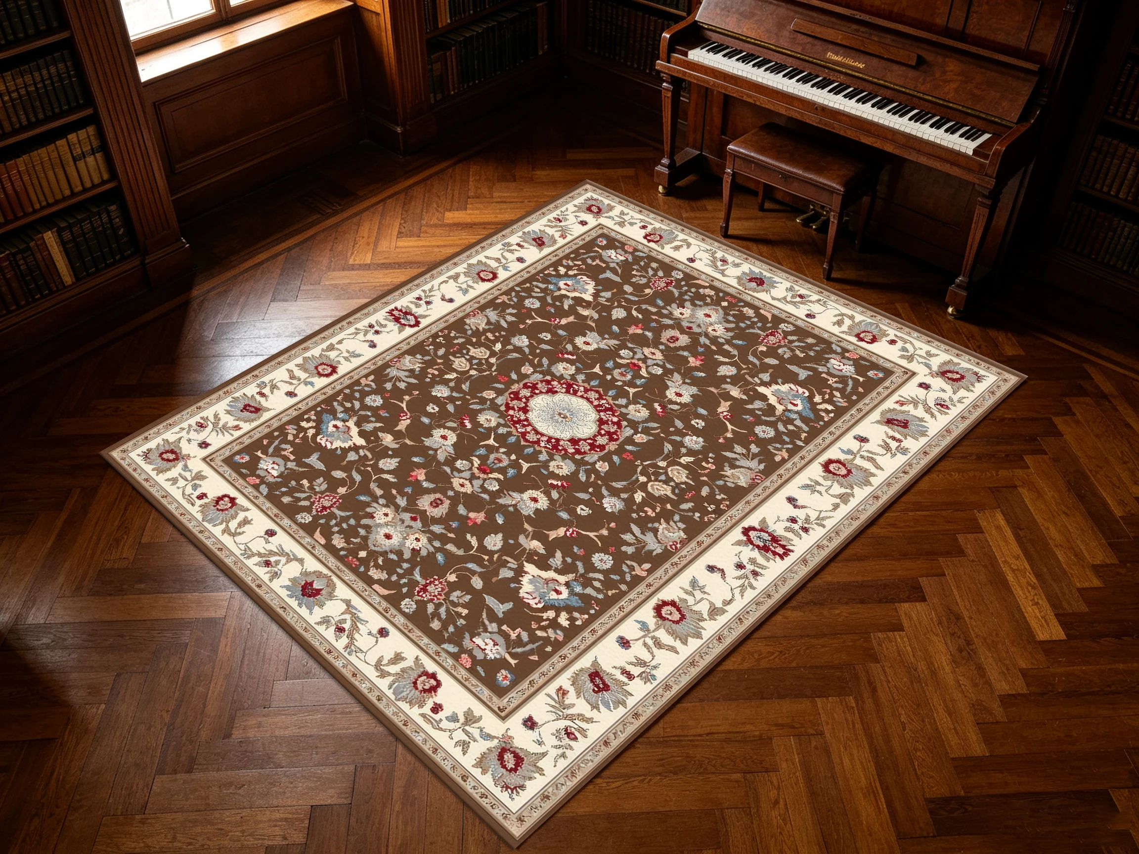 2D Carpet, 2D Large Carpet, Brown and Off-White, Vintage Persian Style, Full Floral Pattern, Soft and Skin-Friendly, Suitable For..