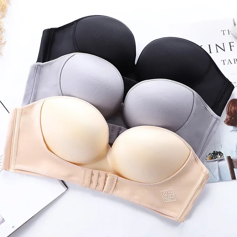 Front buckle invisible women's non-slip small push-up bra with a breathable strapless glossy bra cover