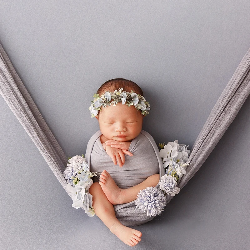 Newborn Photography Props Baby Adjustable Artificial Head Flower + Soft Stretch Wrap Blanket Prop Studio Shooting Accessories