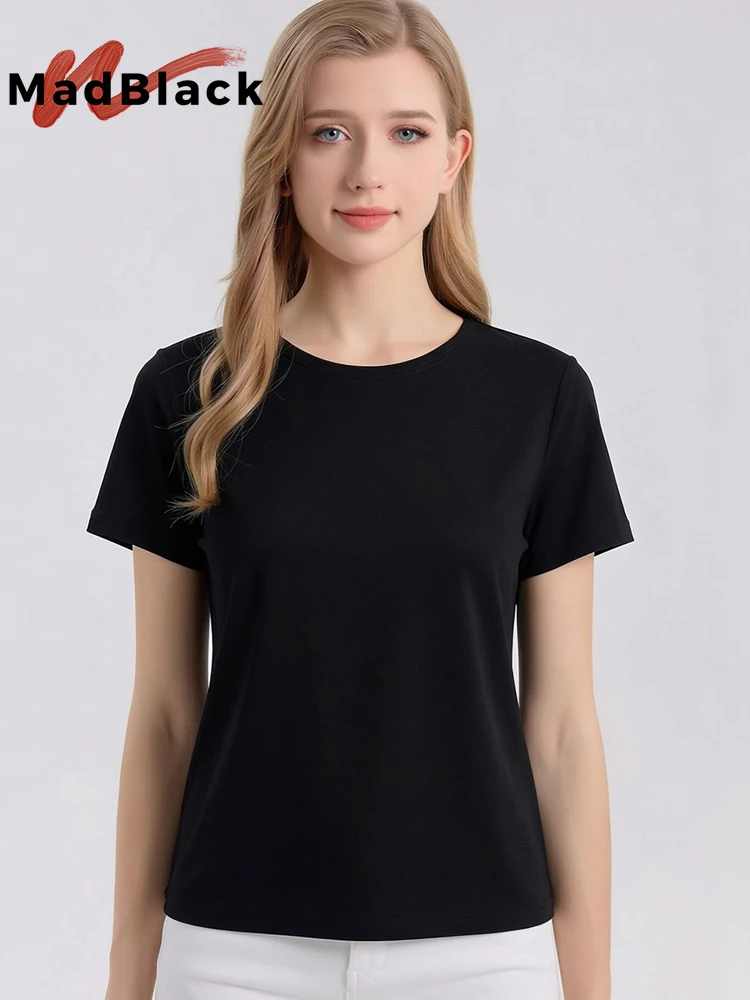 MadBlack-100%Real Silk Elegant Knit T-Shirt, O Neck Short Sleeve, Women Basic Commute Soft Thin Top, 2026 Summer New T67373CC