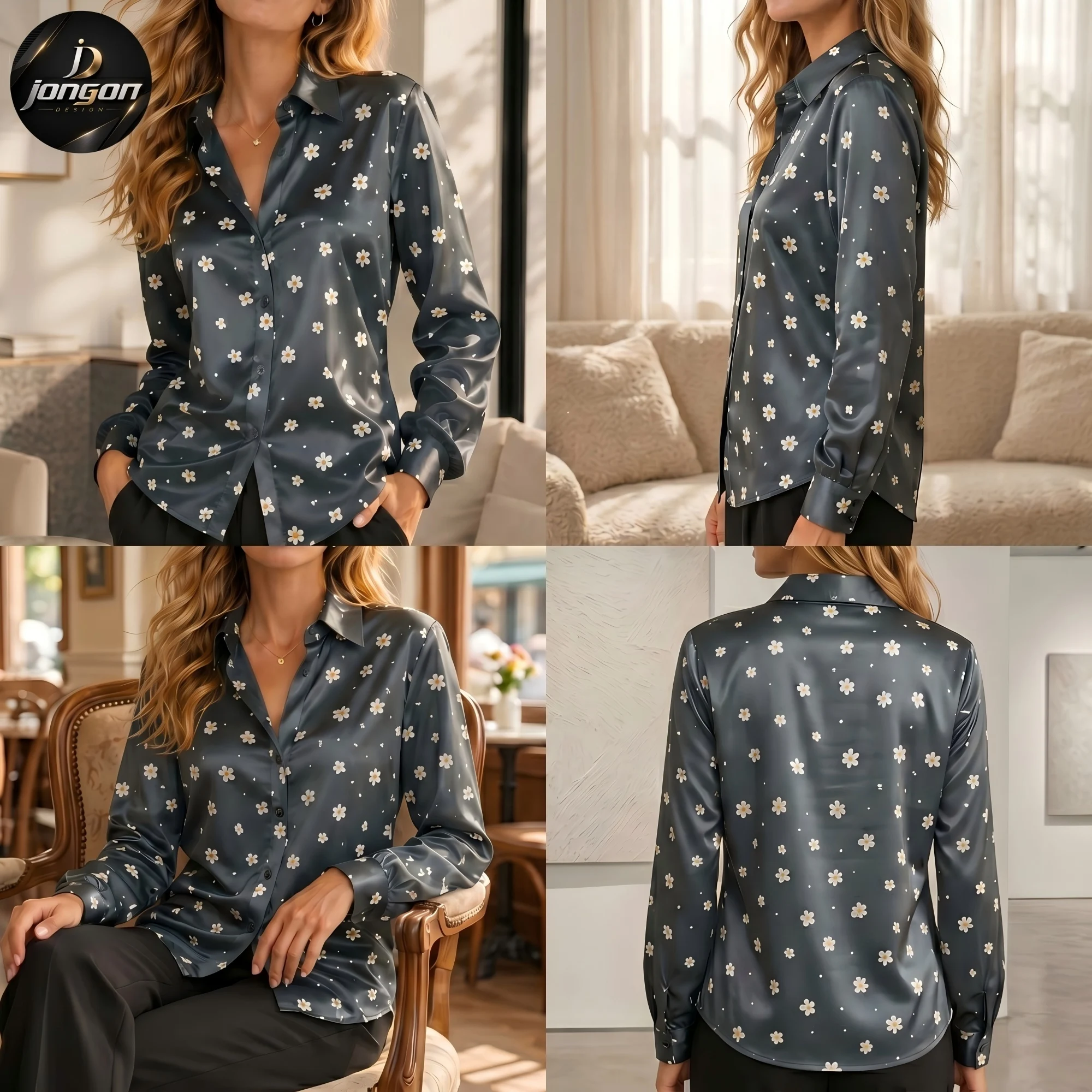 Damen Seidenähnliche Bluse mit Blumenmuster, Satin-Langarmhemd mit Knöpfen, Elegantes Büro-Outfit, Lässige Lockere Arbeitskleidung, Frühling-Herbst-Oberteil, Neu