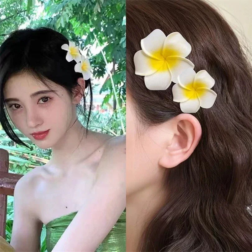 Sweet Girls Simulat Egg Flowers Hair Clips Plastic Plumeria Flower Fashion Hairpins Hawaiian Vacation Leisure Hair Accessories