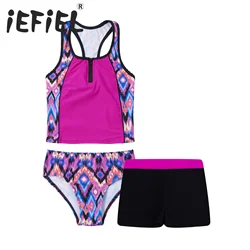 Bambini ragazze costumi da bagno costumi da bagno Tankini Set 3 pezzi stampa floreale senza maniche Racerback Tank Crop con triangolo corto e Bikini