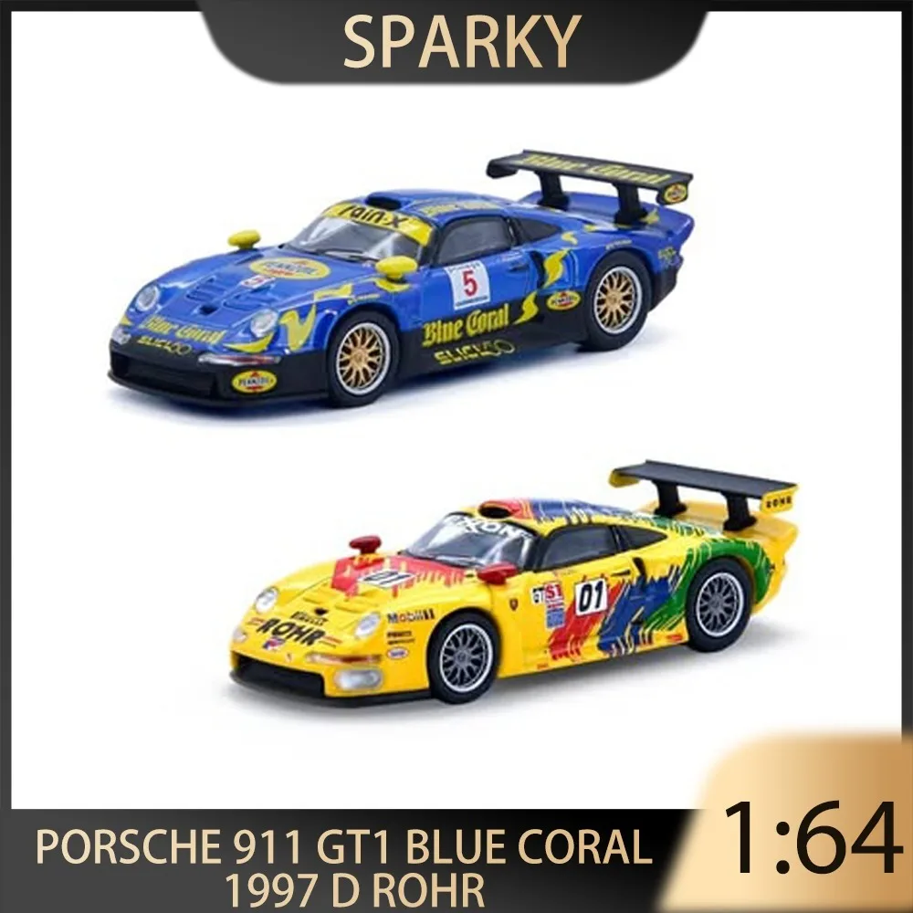

Sparky 1:64 (Tiny Exclusive) Porsche 911 GT1 Blue Coral & 1997 D ROHR Alloy Premium Diecast Vehicle Model Toys Collectible