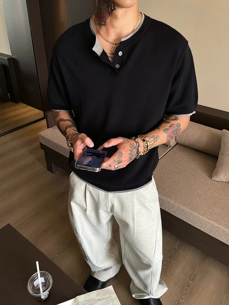 

Мужская трикотажная футболка премиум-класса с коротким рукавом, приталенная, с V-образным вырезом, имитация двухслойности, классический стиль, летняя мода, молодежная энергия