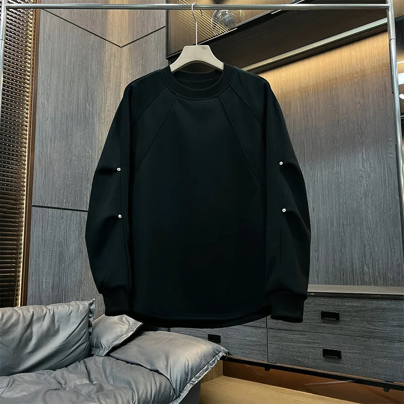 

Autumn Winter Men O Neck Long Sleeve Rivot Spliced Sweatshirt Korean Fashion Casual All-match Keep Warm Loose Clothing Top Black