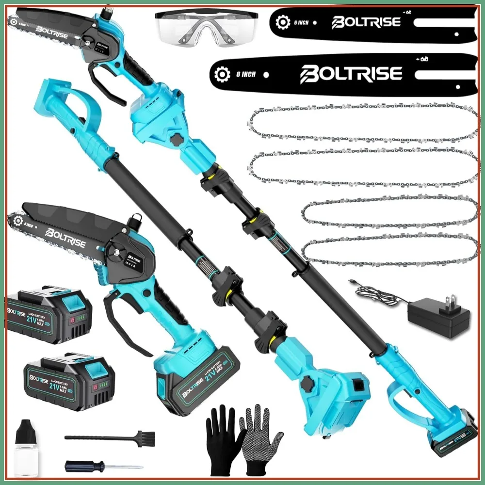 3-in-1 Electric Pole Saw for Tree Trimming, 8" & 6" Mini Chainsaw Cordless with 2x4.0 Ah Battery, 16 Ft Reach Telescopic