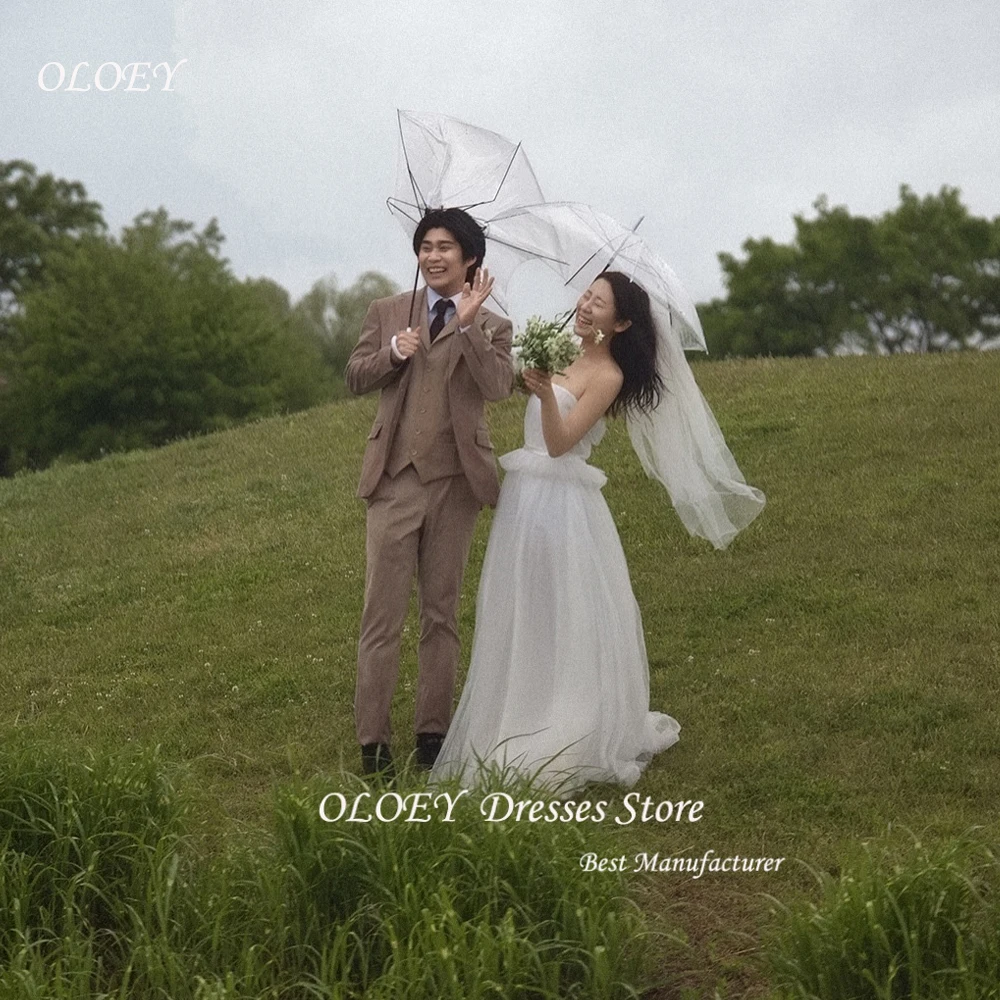 OLOEY Proste Suknie Ślubne w Kształcie Litery A z Tiulu w Kolorze Kości Słoniowej na Sesję Zdjęciową Koreańskie Ramiączka Plisowane Suknie Ślubne Gorsetowe Plecy Szyte na Miarę 웨딩드레스