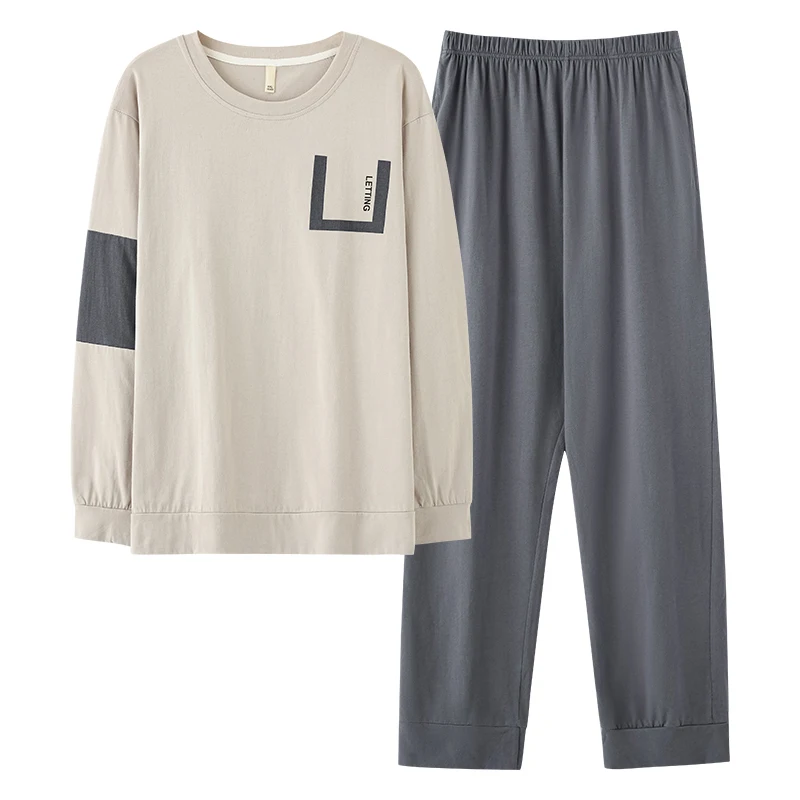Spring Cotton Pijamas for Men 2 Pieces/Set Lounge Sleepwear Pyjamas Autumn Bedgown Home Clothes Man Solid Color Pajama Set L-5XL