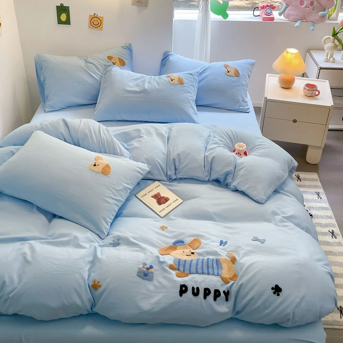 2026 New Korean Ins Bedding Set, Blue Puppy Skin-friendly Cover Set Lovely Animal, Single Queen Size for Bedroom Dormitory Decor