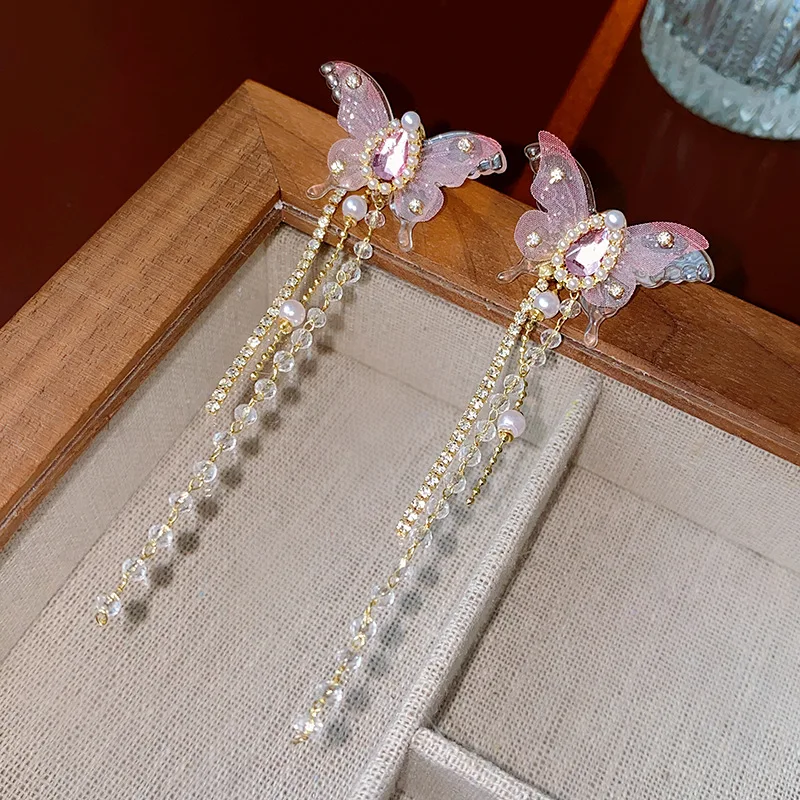 Rhinestone Acrylic Pink Butterfly Water Drop Pearl Fringe Dangle Earrings for Women Sweet Romantic Fairycore Earring New Jewelry