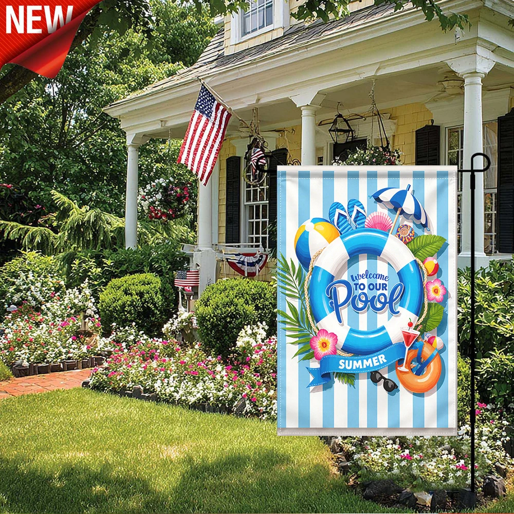 

1PC, Welcome to Our Pool Summer Garden Flag, Blue White Striped Pool Party Decorative Flag with Lifebuoy Flip Flop Cocktail Print, Tropical Beach Themed Outdoor Yard Flag, Waterproof UV Resistant Patio Lawn Porch Banner for Poolsi