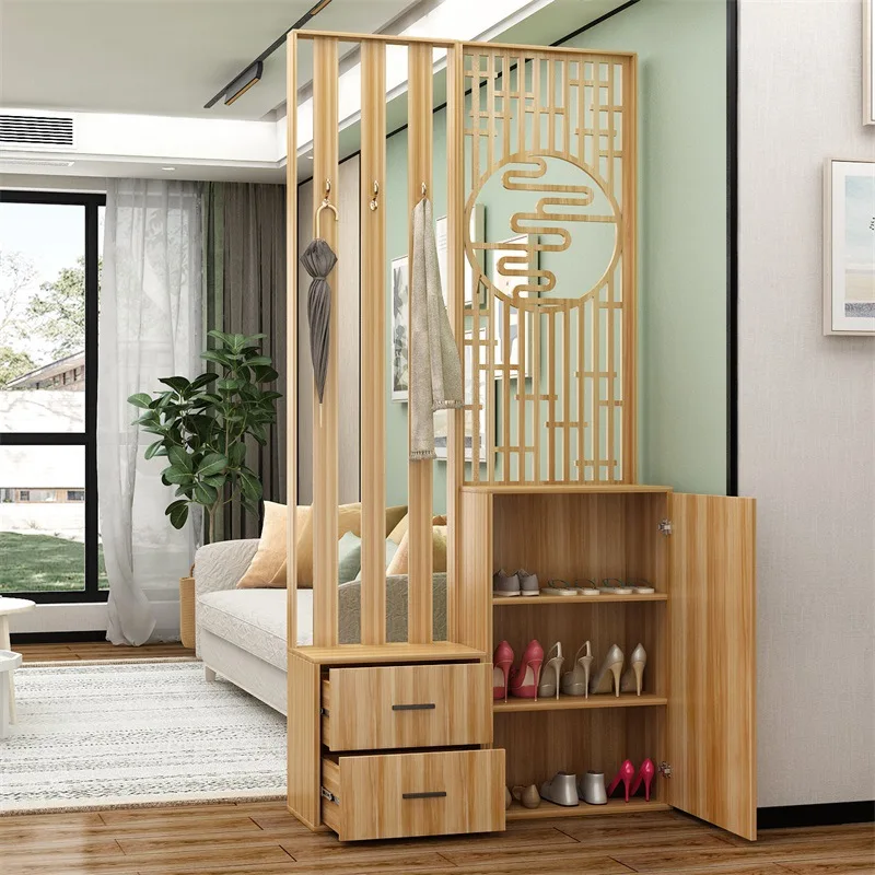 New Chinese-style living room solid wood screen partition enters the door, log-colored entrance cabinet, shoe cabinet, seat