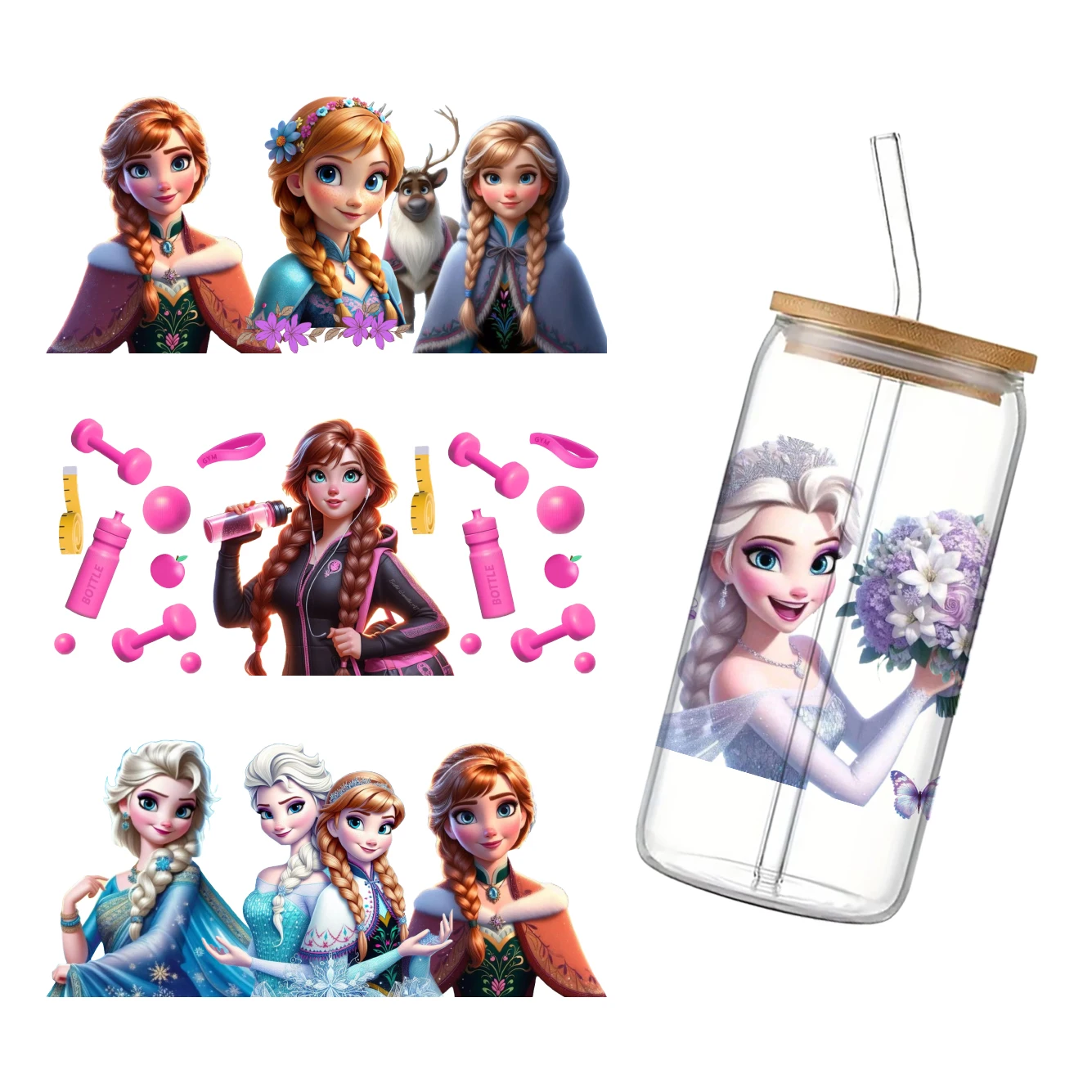 Disney Mini Frozen Princess Эльза Анна с принтом УФ DTF переводная наклейка водонепроницаемая для стеклянных чашек 16 унций наклейки