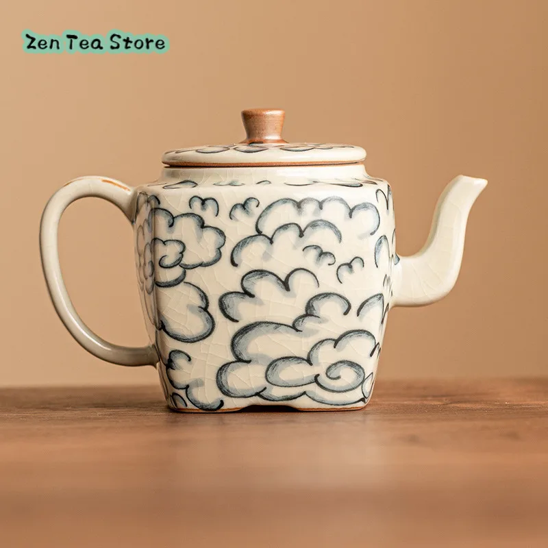 Moire Four Square Pot Teapot Tea Home Single Pot Ru Porcelain Imitation Song Tea Pot Kung Fu Tea Set Open Pieces Can Be Raised