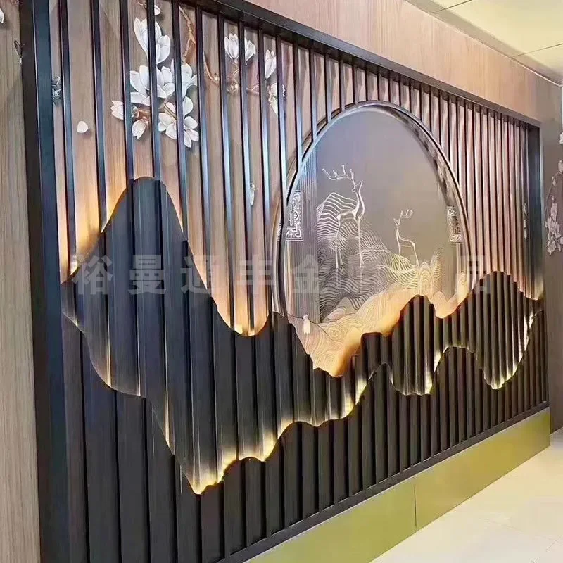 Stainless Steel Landscape Screen Hollow Metal Room Divider Chinese Style Decorative Background Wall Mirror Craft for Hotel