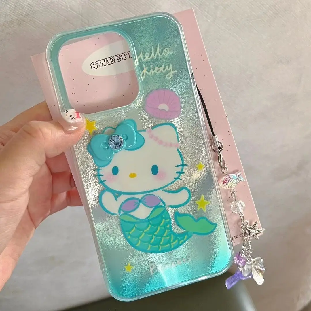 Mint Green Mermaid Hello Kitty Bow IPhone16 Protective Case Anime Kawaii Sanrio 15promax Mobile Phone Shell Holder Accessory Toy