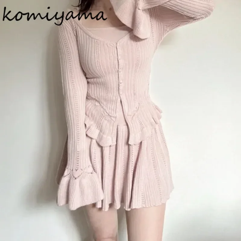 

Japanese Knit 2 Piece Sets Woman Sweet Fungus Flare Sleeve Cardigan Sexy Camis High Waist Mini A-line Skirt 2025 New Suit