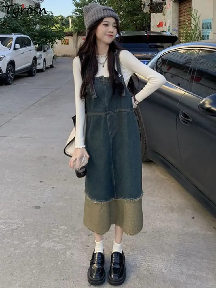 

Straps Dresses Women Loose Retro Patchwork Students Ins Preppy Style Leisure Spring Fashion Denim Vestidos Sleeveless All-match