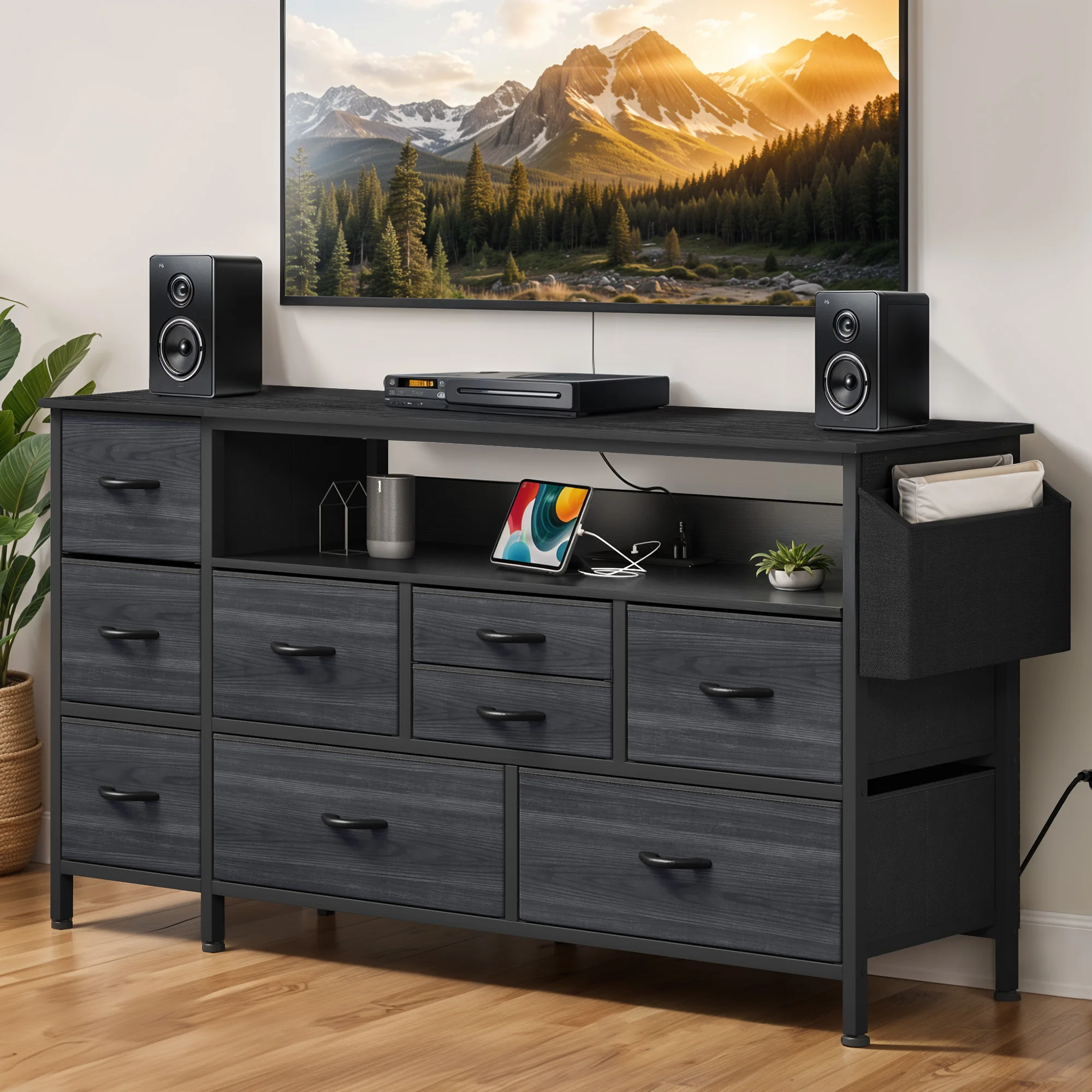 TV Stand with Built-in Charging Station, USB Ports & Side Pockets, 9-Drawer Dresser TV Stand for 55