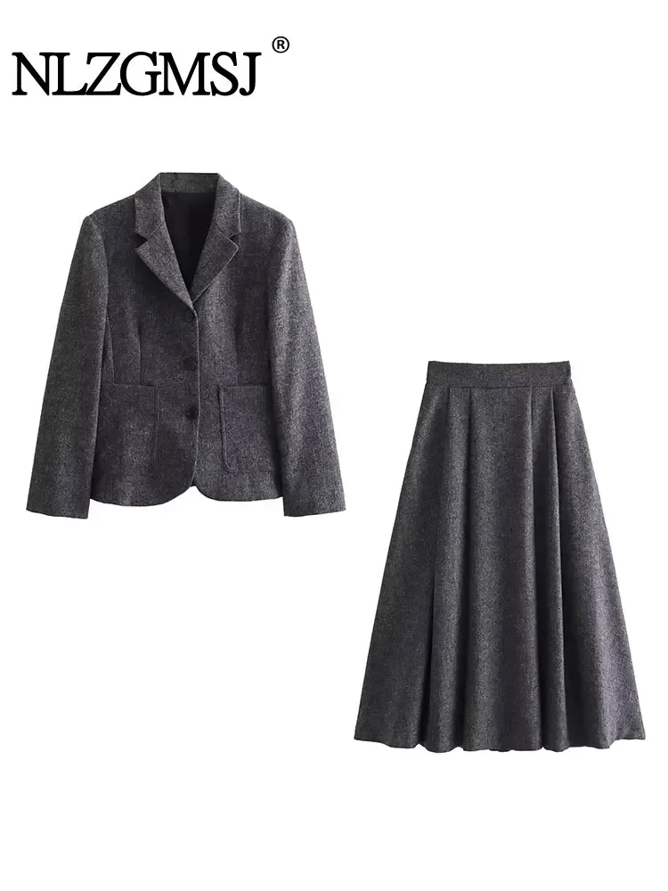 

Nlzgmsj TRAF Womens Gray Midi A-line Skirt Suits Elegant High Waist Cape Long Skirt 2025 Woman Chic Lapel Button Blazer Sets