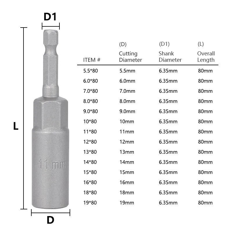 XCAN-Broca de Porca Profunda, Soquetes de Impacto, Adaptador para Ferramentas Elétricas, Hex Shank, 5.5-19mm, 80mm Comprimento, 6.35mm