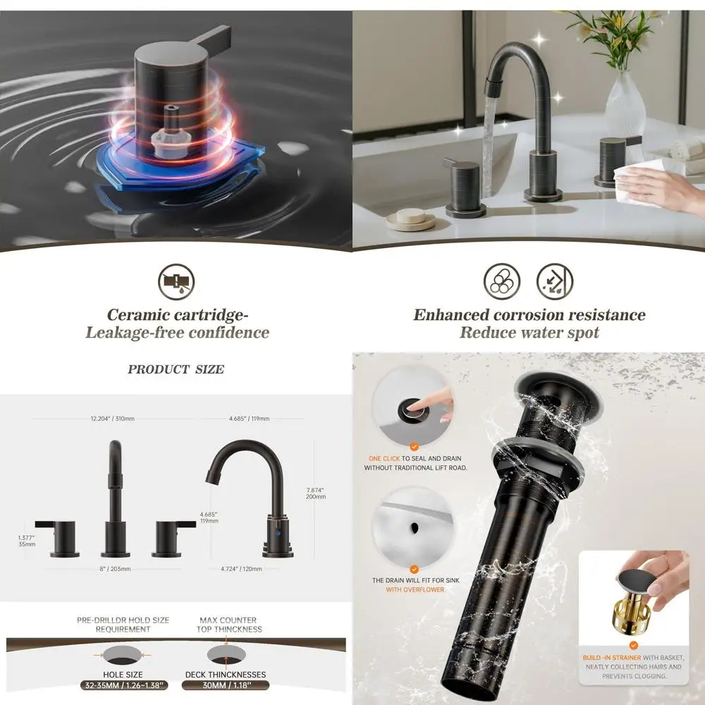 

8 Oil Rubbed Bronze Widespread Faucet with 2 Handles, 3 Holes, Metal Pop-Up Drain, WF015-1-ORB