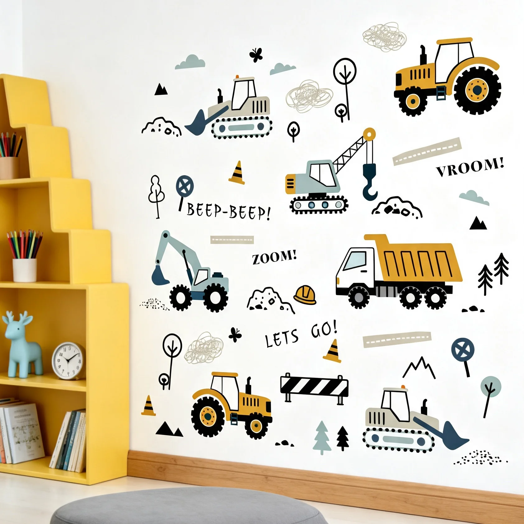Cartoon Construction Vehicle Wall Stickers Excavator Crane Tractor Dump Truck Road Sign Tree Wall Decals Removable Boys Nursery