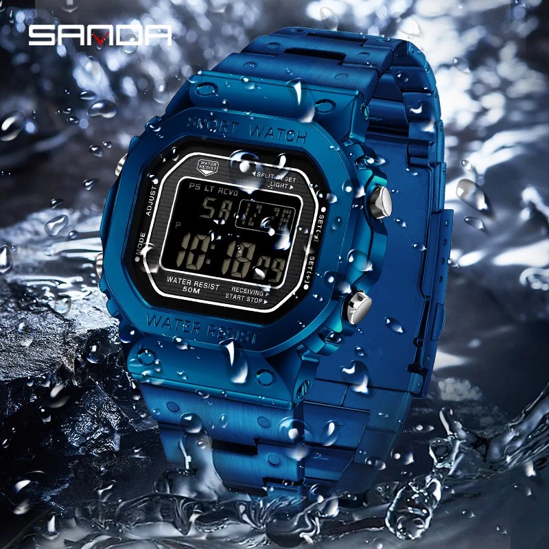 SANDA 2162 Electronic Watch Men Square Multifunctional Wristwatch Fashion Night Light Waterproof Sports Digital Watches for Male