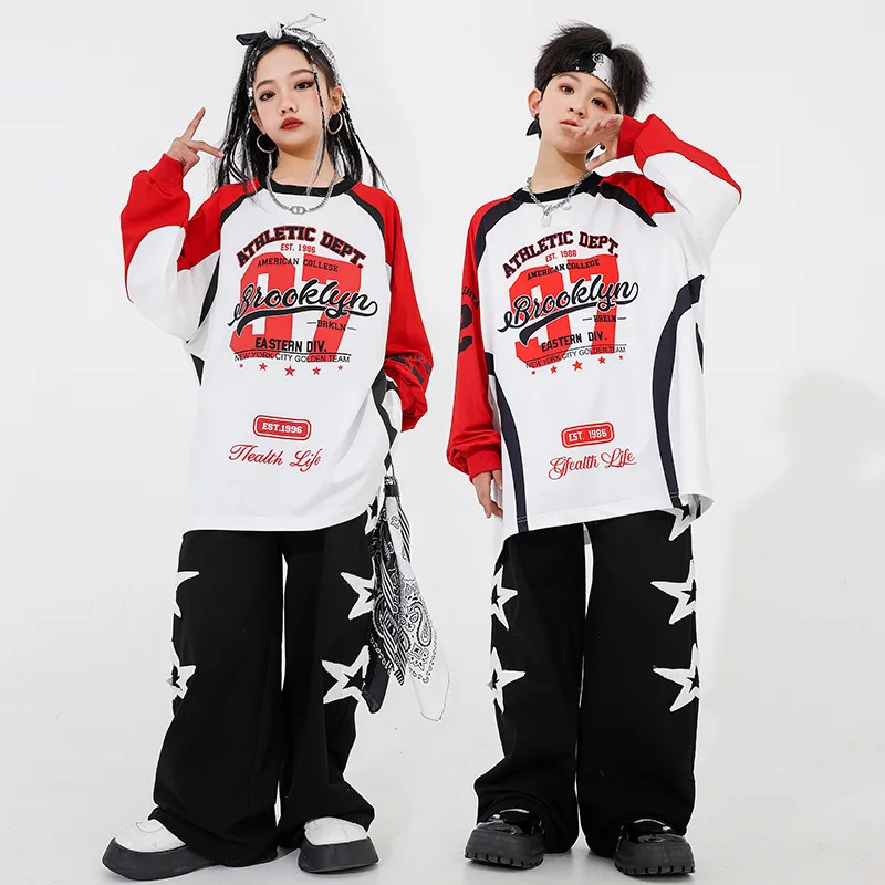 Kpop Hip Hop branco moletom, adolescentes Roupas, Top impressão, Calças largas, Kids Streetwear, Meninas, Meninos, Jazz Dance Costume, Primavera, Outono