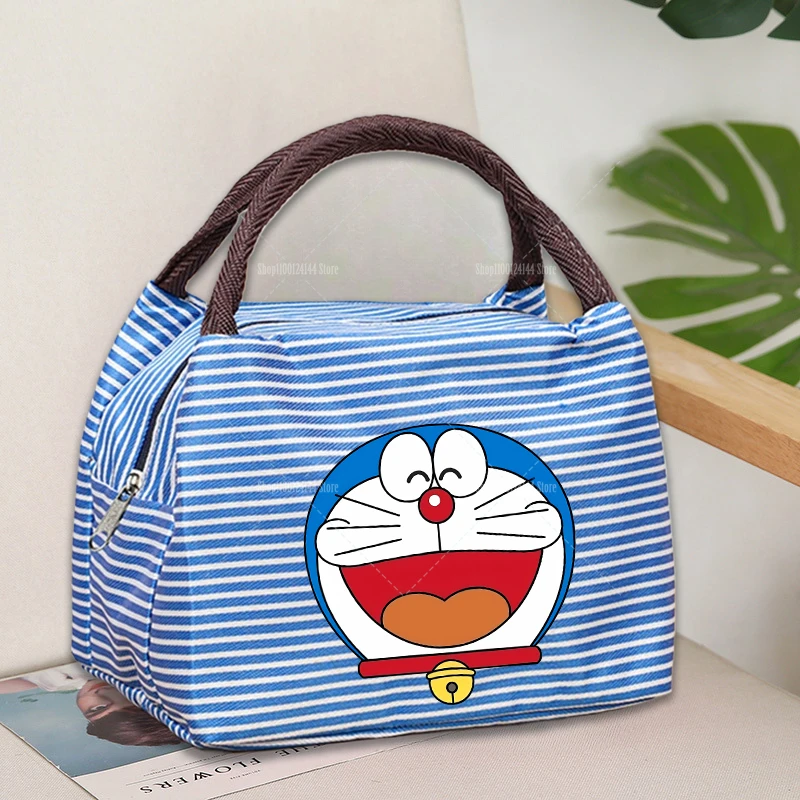 Cute Doraemons Women Men Multi-Color Portable Square Lunch Bag Washable Striped , Reusable Leak Poof Insulation Tote Bento Bag view 2