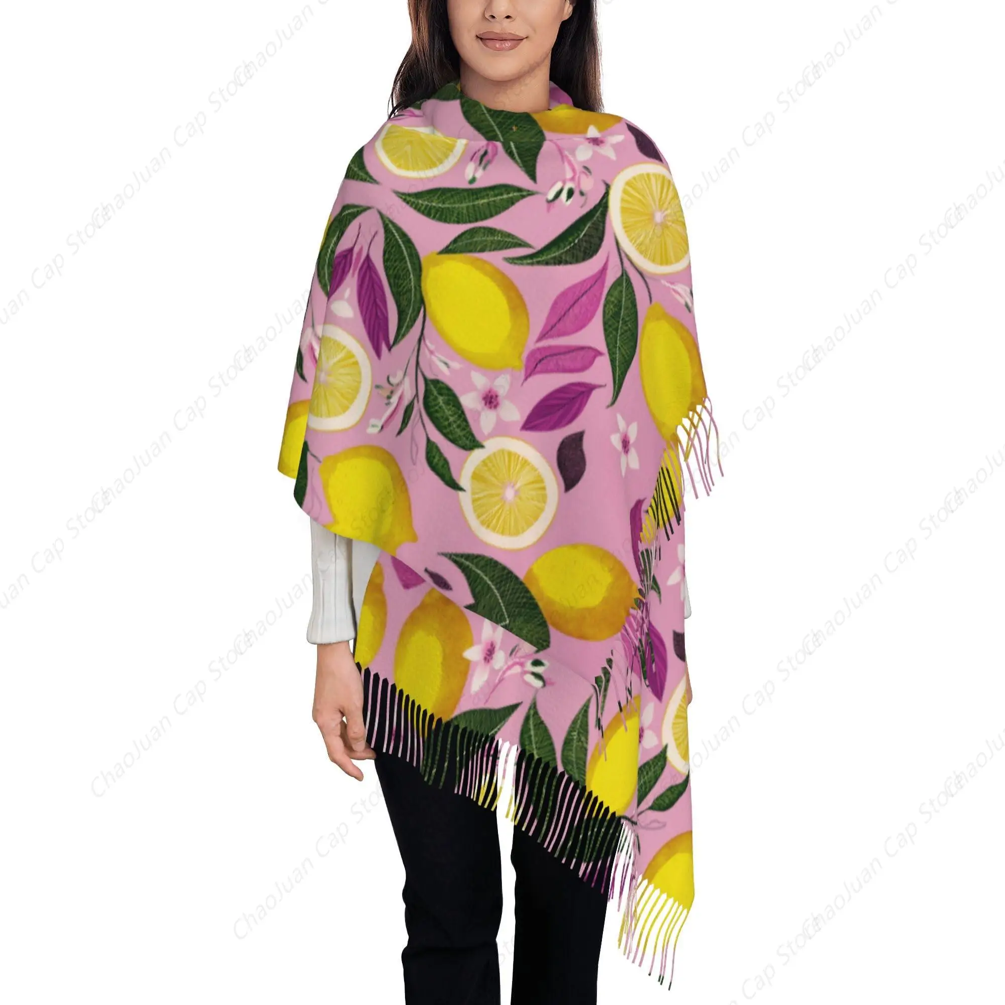 

Lemon floral Cashmerette Fringed Scarf Watercolor Style Winter Soft Warm Scarves Shawl Wrap for Women, Pink