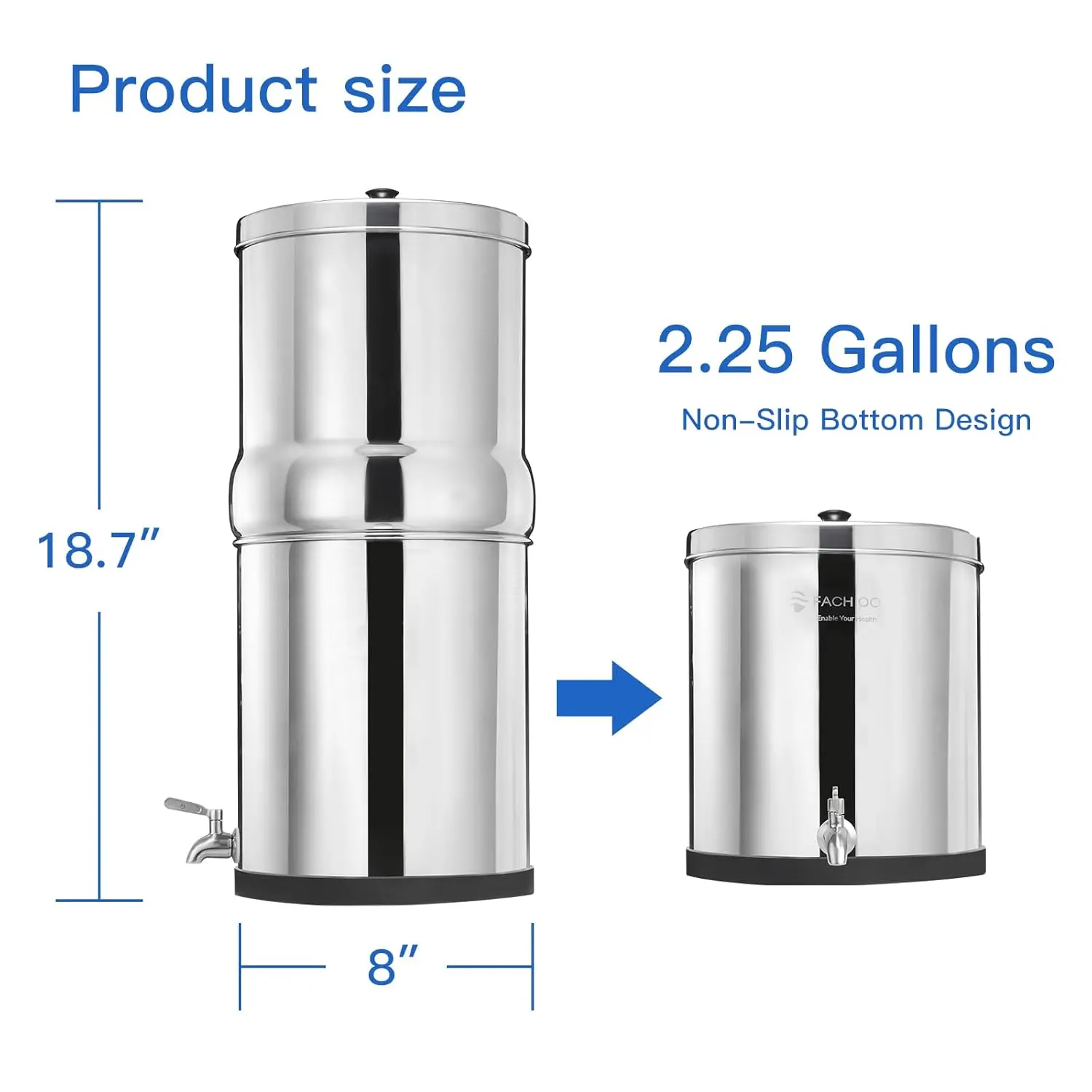 Steel Gravity-Fed Water Filter System with 2 White Ceramics Purification Washable Filter, Portable Countertop Filter System for