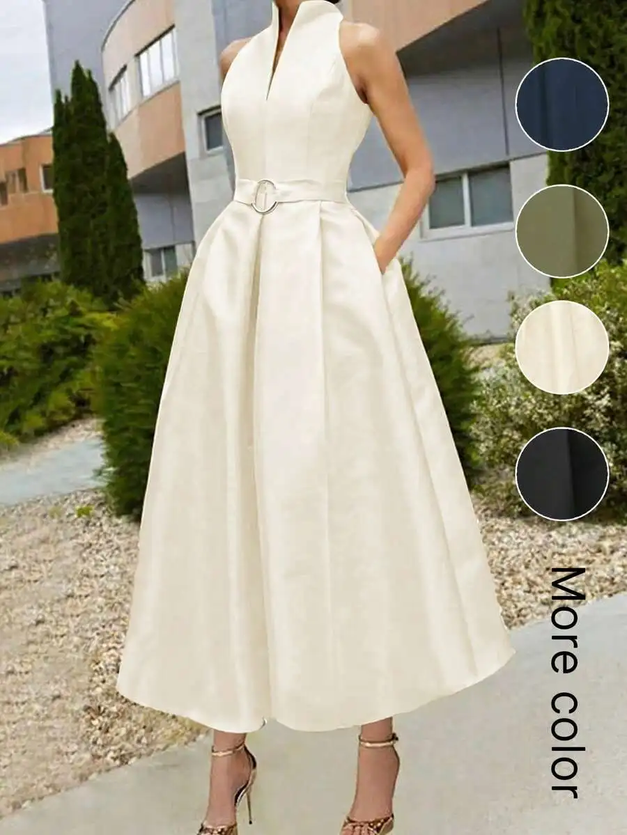 

Elegant Sleeveless V-Neck A-Line Dress with Belted Waist, Off-White