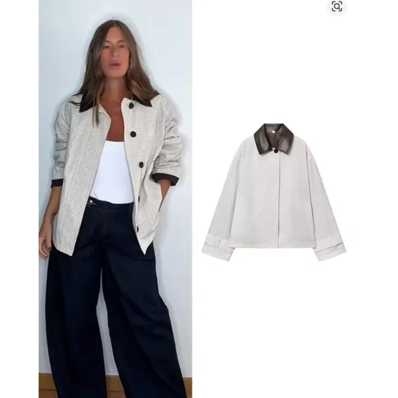 المرأة المتناقضة غرامة منقوشة التلبيب سترة واقية قصيرة الخريف عادية واحدة الصدر الإناث ملابس خارجية بأكمام طويلة #1