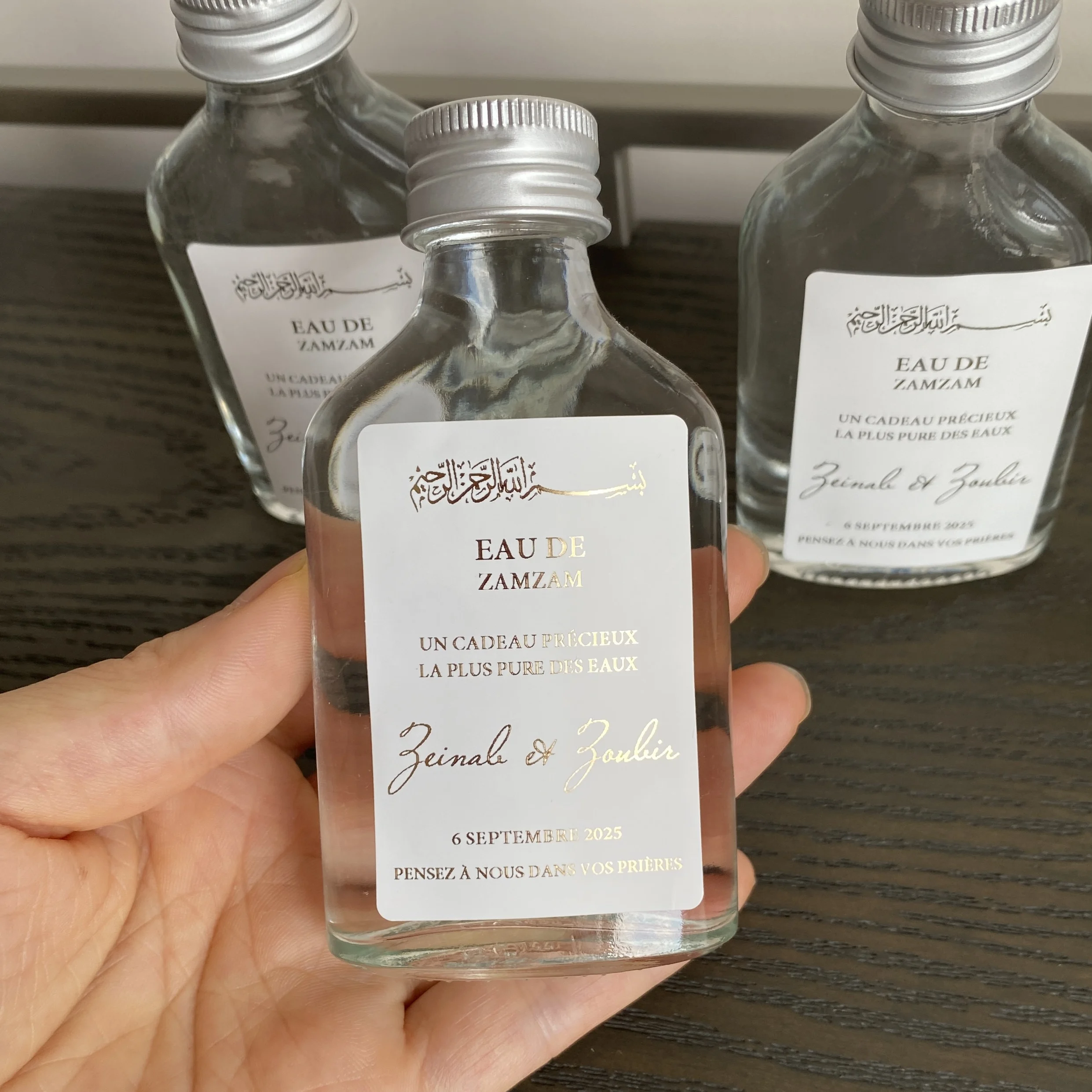 Autocollants personnalisés pour bouteilles d'eau Zamzam de mariage, étiquettes décoratives dorées pour distributions