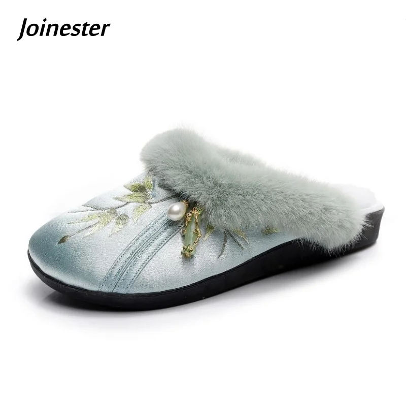 

Round Toe Cotton Fabric Embroidered Winter Slipper Ethnic Style Fur Edged Flat Heeled Leisure Mules for Women