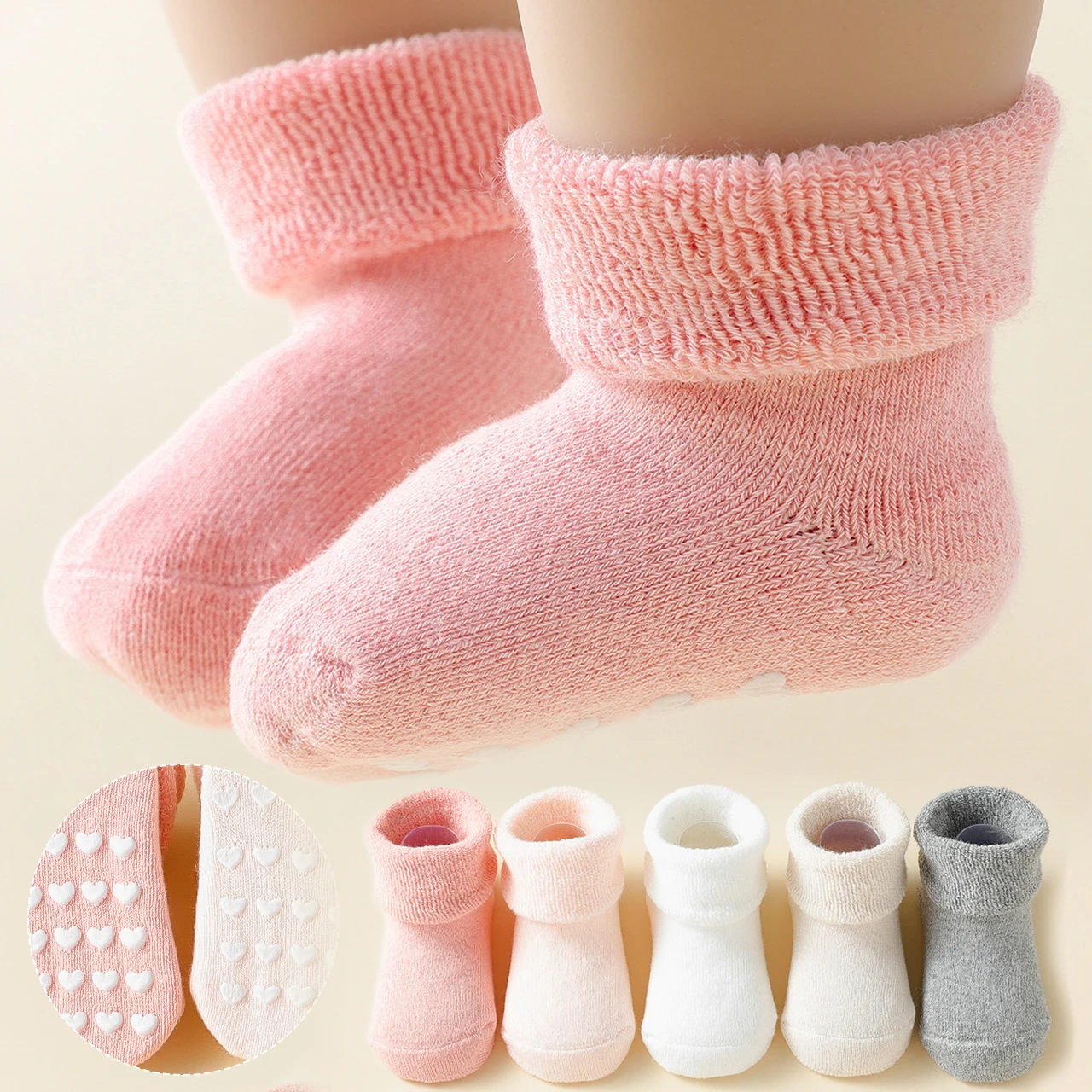 5 Pairs Autumn Winter Baby Thick Terry Socks Solid Color Boy Girl Anti-Slip First Walkers Indoor Toddler Kids Warm Floor Socks