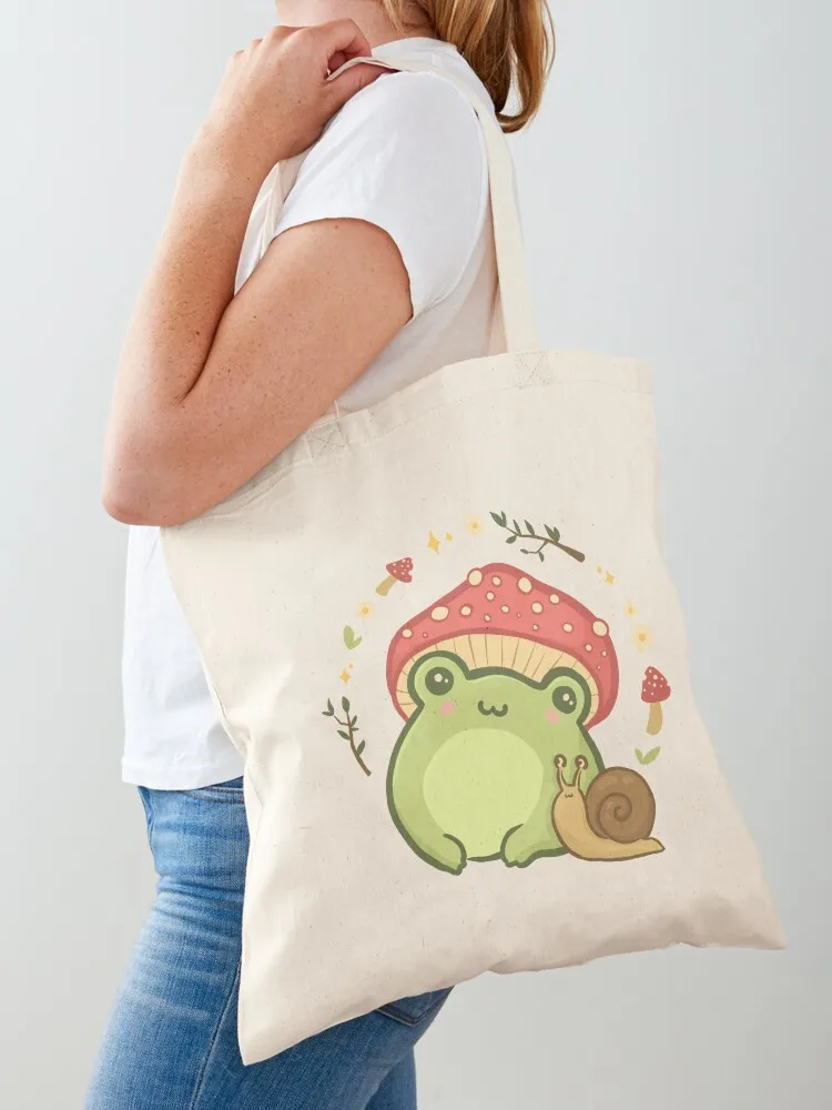 

Cute Kawaii Frog with Toadstool Mushroom Hat and Snail: Cottagecore Aesthetic Love Tote Bag Canvas Candy bags tote bag screen