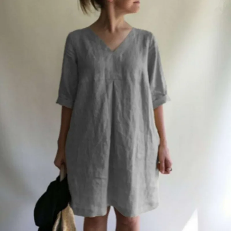 Casual Cotton Linen Shirt Dress For Women Solid Color V Neck Ruched Summer Midi Dress Simple Style Big Size Beach Short Dresses