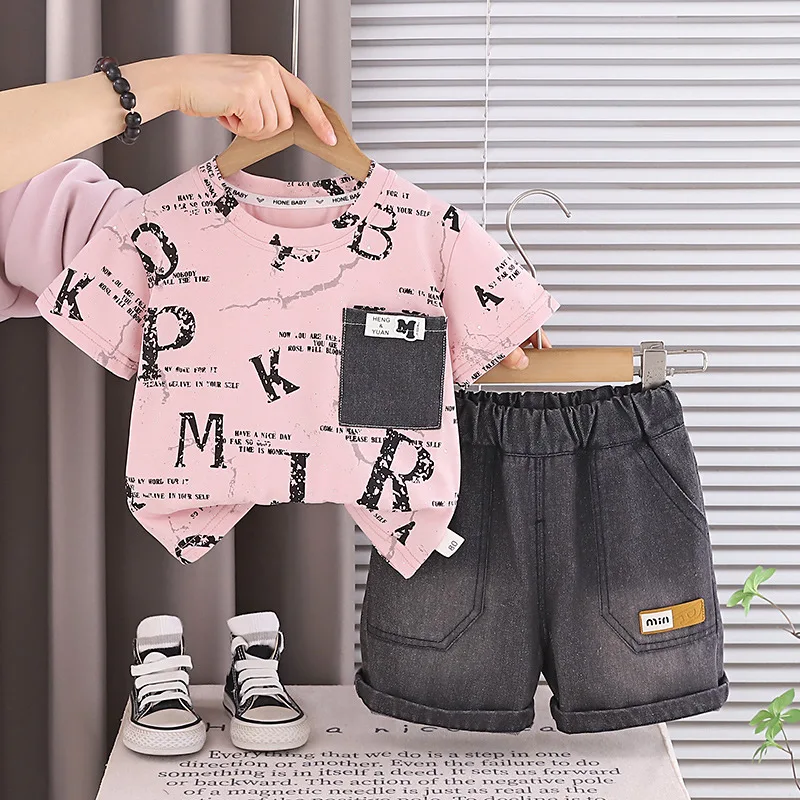 Infant Clothes 2026 Summer Toddler Boys 2pcs Set Letter Print Patch Pocket T-shirt Washed Denim Shorts Kids Casual Trendy Outfit