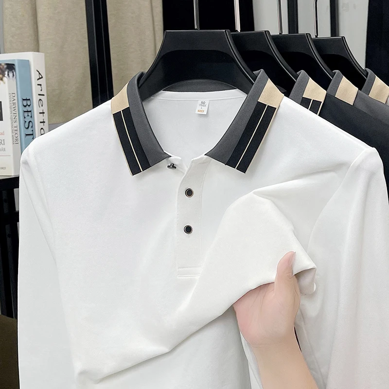 

2025 Spring and Autumn New Ice Silk Solid Color Polo Shirt for Men Long Sleeve Business and Leisure Collar T-shirt