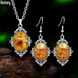Vintage Leaf Pendant Synthetic Ambers Necklace Earring Sets Antqiue Silver Plated Flower Plant Fashon Jewelry Set