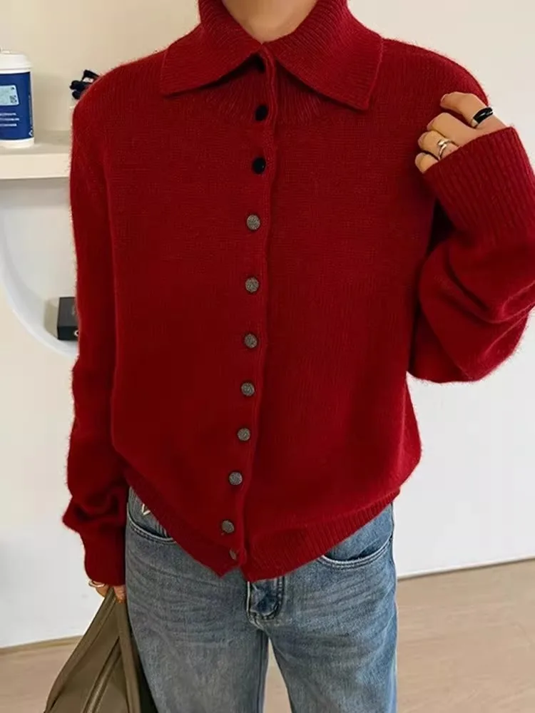 

Soft Cozy New Year Red Turn-down Collar Single Button Knitted Open Cardigan Long Sleeve Women's Sweater Outerwear Comfortable