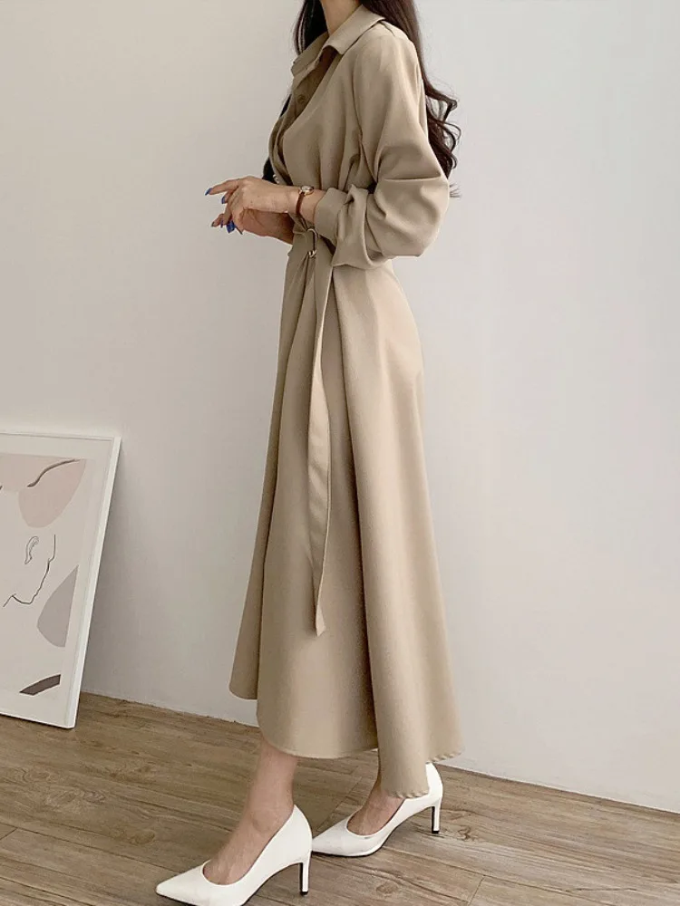 Chic automne couleur Pure longue Sve Midi Dr côté cravate taille manchette bouton unique Dr pour les jeunes femmes en chine