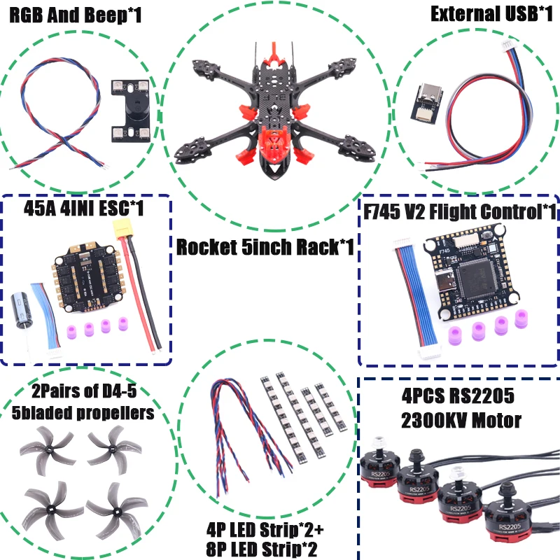 B-CUBE Rocket 5 pulgadas FPV Drone marco Kit fibra de carbono Racing Quadcopter estilo libre INAV Beatflight F722 Ardupilot Control de vuelo