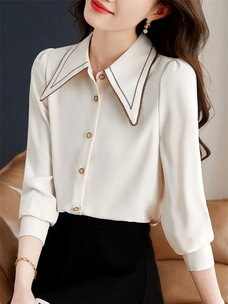 French Style Apricot Dress Shirt Women Tops Spring Autumn Office Lady Elegant Chic Long Sleeve Lapel Loose Button Blouse C2388