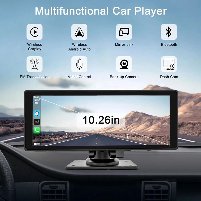 Portable Wireless Carplay Car Stereo With Dash Cam - 10.26In HD IPS Screen, Android Auto, 1080P Backup Camera, Bluetooth